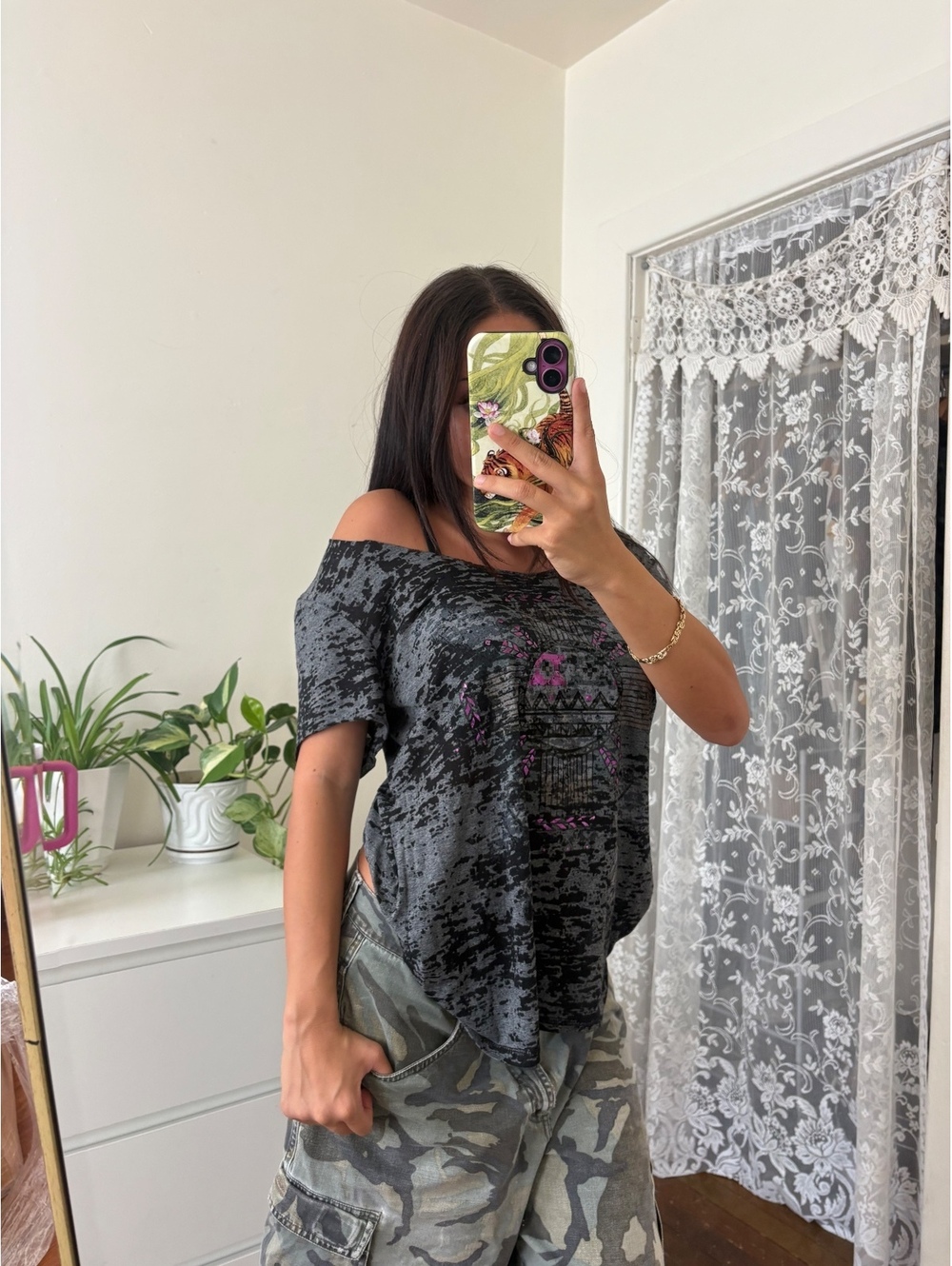 Y2k Black and Gray Burnout off the shoulder Graphic T-Shirt with puruple Accents